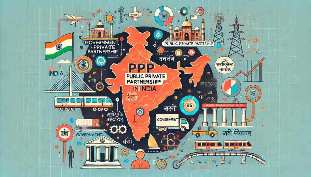 PPP मॉडल का हिंदी में चित्रण: भारत में पब्लिक प्राइवेट पार्टनरशिप का मॉडल, जिसमें सरकार, निजी क्षेत्र, और नागरिकों की साझेदारी से इंफ्रास्ट्रक्चर प्रोजेक्ट जैसे हाईवे, एयरपोर्ट और मेट्रो सिस्टम दर्शाए गए हैं।