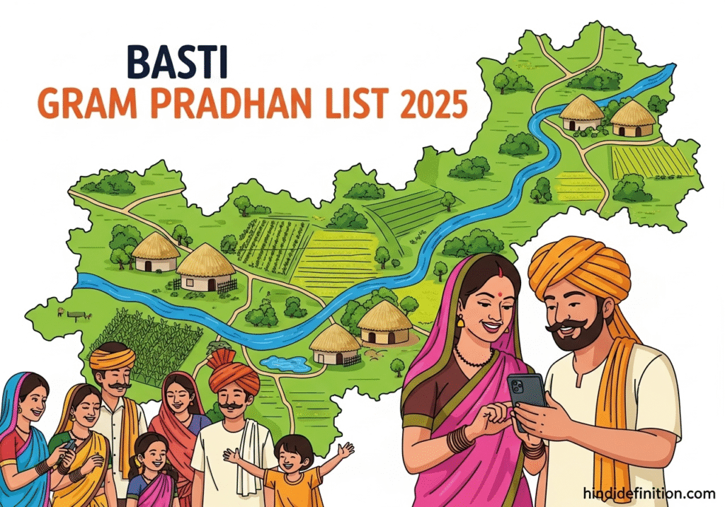 Wide banner style illustration showing Basti district map with rural huts and fields, cartoon-style Gram Pradhan (woman in saree + man with turban) holding mobile phone, villagers around in happy expressions. Big Hindi text: “बस्ती ग्राम प्रधान सूची 2025” Bottom watermark: hindidefinition.com Bright colorful flat vector, 16:9 aspect ratio.